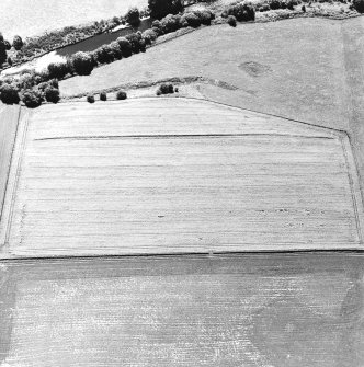 Oblique aerial view centred on the cropmarks of the Roman Temporary Camp and pit-defined cursus, taken from the NNE.