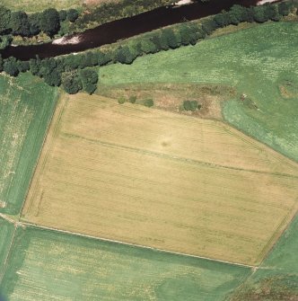 Oblique aerial view centred on the cropmarks of the Roman Temporary Camp and pit-defined cursus, taken from the N.