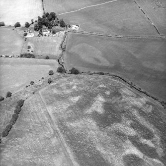 Nethermill School, oblique aerial view, taken from the S, showing the cropmark of an enclosure in the centre of the photograph, and the School building and house in the top left-hand corner.