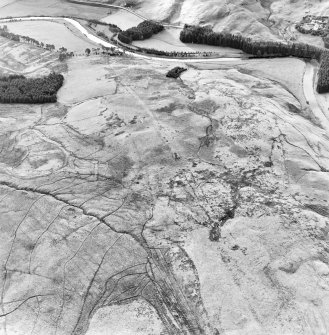 Raeburnfoot, oblique aerial view, taken from the NE, centred on the bank barrow. Raeburnfoot Roman Fort, and enclosures at Kiln Syke, are visible in the top left-hand corner of the photograph.