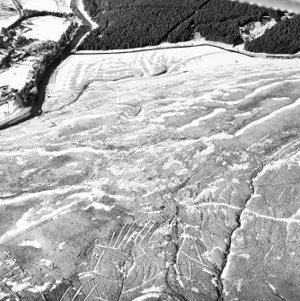 Raeburnfoot, oblique aerial view, taken from the SE, centred on the bank barrow.