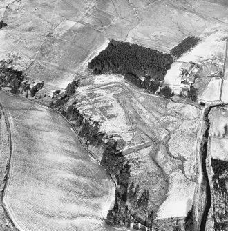 Raeburnfoot, oblique aerial view, taken from the SW, centred on a Roman Fort and ring-enclosures, with ring-enclosures to the top right of the photograph.