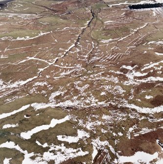 Raeburnfoot, oblique aerial view, taken from the NW, centred on the bank barrow. Enclosures and ring-enclosures are visible in the top half of the photograph.