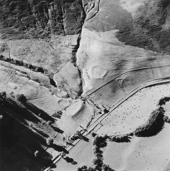 Oblique aerial view of Fiddleton centred on the remains of two scooped settlements, cultivation terraces and a cottage, taken from the ESE.