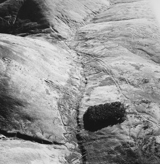 Oblique aerial view of Wrangway Burn centred on the remains of hollow-ways, a road, a possible Roman road, a linear earthwork and a possible Roman watch tower, taken from the N.