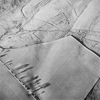 Oblique aerial view of Foulshiels centred on the remains of a farmstead, boundary dykes, pens and lazy-beds, taken from the SE.
