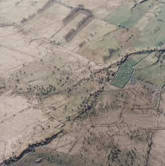 Oblique aerial view centred on the remains of field-systems, rig, enclosures and burial ground, taken from the W.