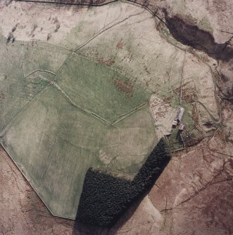 Oblique aerial view centred on the remains of the field-system, lazy-beds and cottage, taken from the NNE.