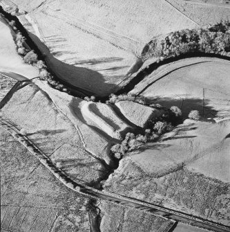 Oblique aerial view of Liddel Castle centred on the remains of an earthwork fortification, taken from the ESE.