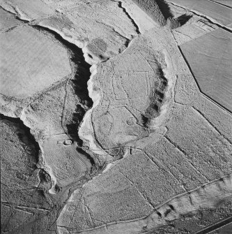 Oblique aerial view of Pinglehole Tower centred on the remains of field banks, enclosures, ring-enclosures and a sheepfold, taken from the SE.