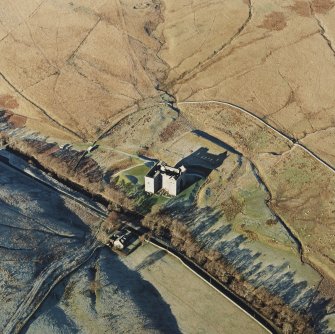 Oblique aerial view of Hermitage Castle centred on the remains of a castle and earthwork castle, taken from the SE.