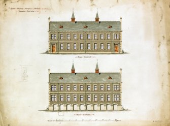 Photographic copy of coloured drawing of North and South elevations of Free Church Normal School buildings in the grounds of Moray House