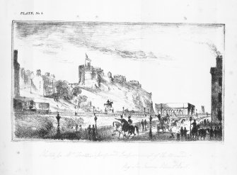 The Mound.
Photographic copy of sketched perspective view from East end of Princes Street, without proposed Arcade.
Insc: 'Plate No.5.  Sketch for Mr Trotters Proposed Improvement of the Mound, By Sir James Stuart Bart.'