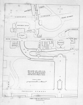 Edinburgh, The Mound.
Photographic copy of ground plan showing the Mound, High Street and Lawnmarket.
Titled: 'First Part of Ground Plan'.