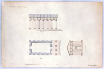 Photographic copy of drawing of plan, side elevation and front elevation of mausoleum.
Insc: 'Springwood Park Mausoleum Additions', 'Side Elevation, 'Plan', 'Entrance Front', '19 St. Andrew Square, Edinbr, 15th August 1853'.