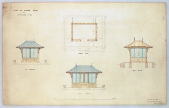 Photographic copy of drawing showing plan of garden house.
Insc: 'Plan of Garden House for Springwood Park', 'Ground Plan', 'End Elevation', 'Front Elevation', 'Cross Section', '19 St Andrew Square Edinbr 28th Nov. 1859'.