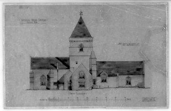 Photographic copy of drawing of reconstruction of North elevation before fire.
Insc: 'Whitekirk Parish Church, Before Fire', 'North Elevation', 'R.S. Lorimer A.R.S.A., 
17 Gt Stuart St., Edinr, Oct. 1914'.