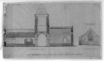 Photographic copy of drawing showing reconstruction of longitudinal section and West elevation before fire.
Insc: '[Whitekirk Parish Church], before fire', 'Longitudinal Section', 'West Elevation'.