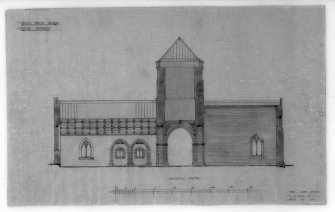 Photographic copy of drawing of proposed restoration to longitudinal section.
Insc: 'Whitekirk Parish Church, Proposed Restoration', 'Longitudinal Section', 'Robert Lorimer A.R.S.A., 17 Gt. Stuart St., Edinr, Oct. 1914'.