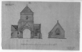 Photographic copy of drawing of proposed restoration to section and elevation.
Insc: 'Whitekirk Parish Church, Proposed Restoration', 'Section', 'Robert Lorimer A.R.S.A., 17 Gt. Stuart St., Edinr, Oct. 1914'.