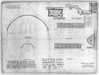 Photographic copy of drawing of sections, elevations and details of nave.
Insc: 'Whitekirk Parish Church, Plan Showing New Ceiling on Nave', 'Cross Section', 'North Side', 'South Side', 'Wardrop, Anderson and Browne, 19 St. Andrew Sq., Edinburgh, Oct. 1884'.