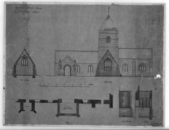 Photographic copy of elevation, plan and sections of the organ chamber.
Insc: 'Whitekirk Parish Church, New Organ Chamber', 'Cross section', 'Elevation', 'Plan', '19 St Andrew Sq., Edinr, Feby 1891'.