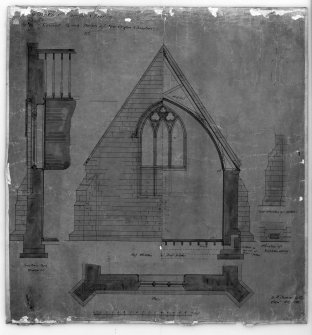 Photographic copy of drawing showing revised details of new organ chamber.
Insc: 'Whitekirk Parish Church, Revised Details of New Organ Chamber', 'Section', 'Plan', and 'Elevation', '19 St. Andrew Sqre, Edinr, Feby 1891'.