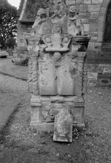 View of pedestal tomb, no name and undated, in the churchyard of Aberlady Parish Church.