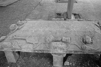 View of south side of tablestone, no name and no date, in the churchyard of Aberlady Parish Church.