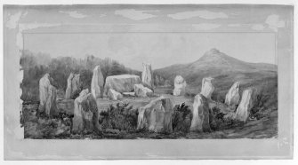 Photographic copy of watercolour view of Easter Aquhorthies stone circle by Lady Sophia Dunbar, 1870.