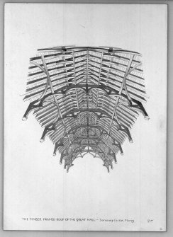 Photographic copy of drawing showing elevation of the timber framed roof of the Great Hall.
