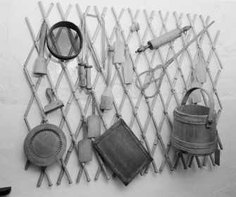 West Linton. Old Bakehouse. Interior.
View of cooking utensils.