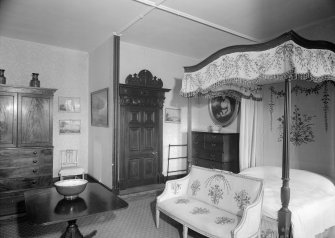 Interior view of Castle Fraser showing view of worked room or best bedroom.