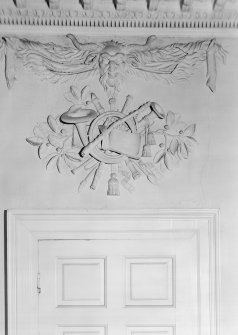 Interior view of Fullarton House showing detail of plasterwork above door-head in second floor north room.