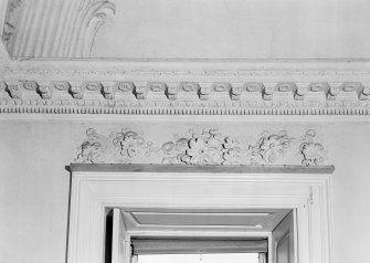 Interior view of Fullarton House showing detail of plasterwork above doorway in north room on second floor.