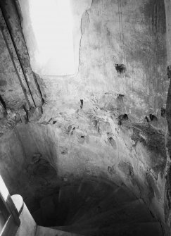 Interior view of Abergeldie Castle showing staircase at second floor level.