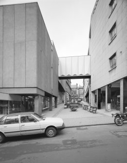 Dunfermline, High Street. View across street towards the bridge of the Co-op building on Randolph Street