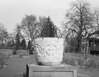 View of urn in formal garden, Ballumbie House.