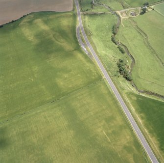 Oblique aerial view of the cropmarks of East Renton Mill settlement, enclosure and linear cropmarks.