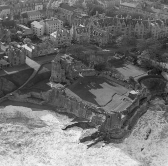 Oblique aerial view of the remains of St Andrews Castle.