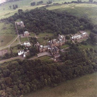 Oblique aerial view centred on Craig House, Old Craig House, South Craig Villa, Bevan House, East Craig and South Craig Villa.