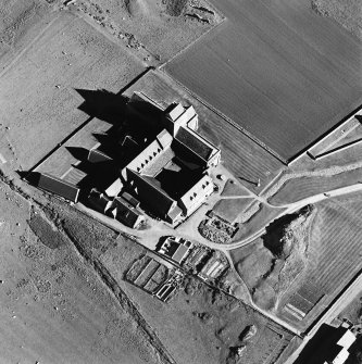 Oblique aerial view of Iona Abbey, taken from the north west, centred on the abbey.
