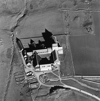 Oblique aerial view of Iona Abbey, taken from the west, centred on the abbey.