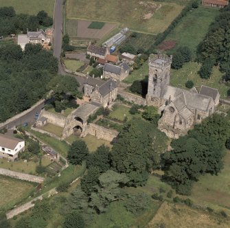 Oblique aerial view of Culross Abbey and surroundings