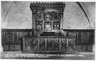 Aberdeen, Union Street, East Church of St Nicholas, interior
Photographic copy of sepia postcard of John Fendour's c1507 carved choir desk in St Mary's Chapel.
Insc: 'The Old Choir Desk, Carved By John Fendour In 1507, St Mary's Chapel, East Church Of St Nicholas, Aberdeen.'