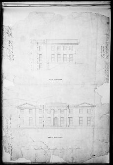 Aberdeen, Albyn Place, Mrs Elmslie's Institution.
Photographic copy of East and Front (North) elevations. Archibald Simpson.1837.
Insc: 'East Elevation; Front Elevation'.