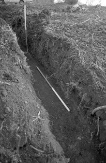 Kellie Castle Excavations
Black and white prints
Frame 15 - End of pipe trench, showing ash layers at confluence with moat. From north
