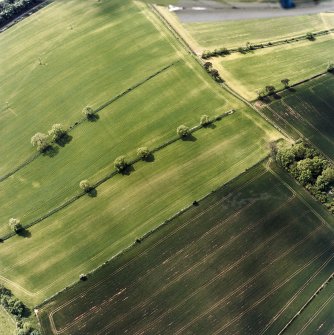 Oblique aerial view centred on the cropmarks of the Roman temporary camp with the rectilinear enclosure adjacent, taken from the ESE.