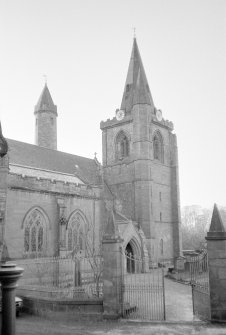 Brechin Cathedral and the Round Tower, viewed from the north east at the junction of Church Lane with Bishop's Close, Brechin