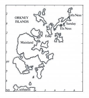 Location map showing the positions of Tofts Ness and Els Ness, Orkney. Scanned copy. 